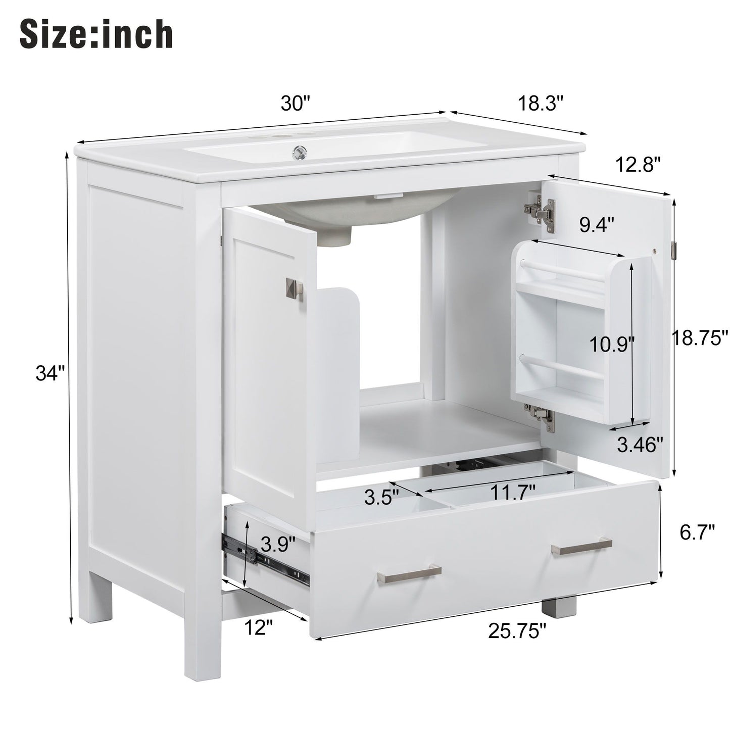Bathroom Vanity With Single Sink, Combo Cabinet Undermount Sink, Bathroom Storage Cabinet With Two Doors And A Drawer, Soft Closing, Multifunctional Storage, Solid Wood Frame Hearth and Haven