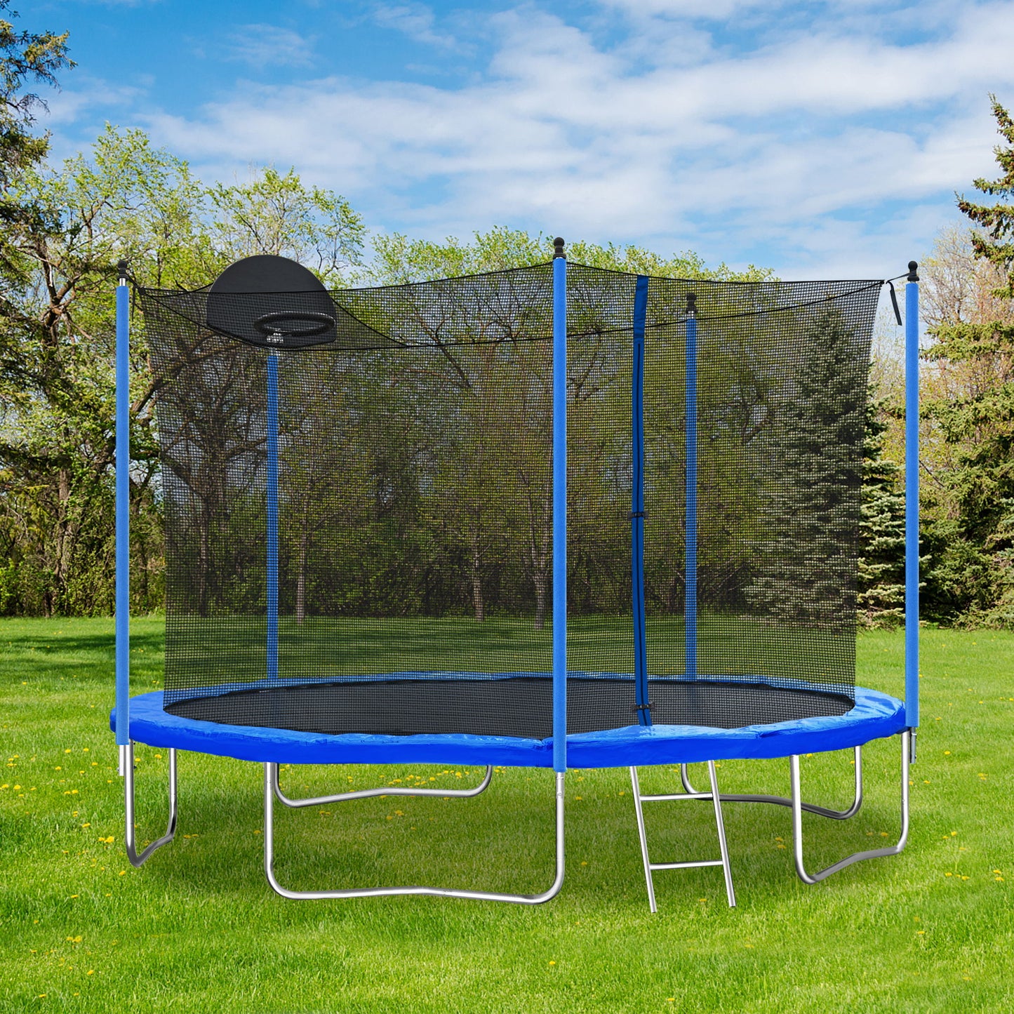 12Ft Trampoline For Adults & Kids With Basketball Hoop, Outdoor Trampolines With Ladder And Safety Enclosure Net For Kids And Adults - Blue Daily Nest