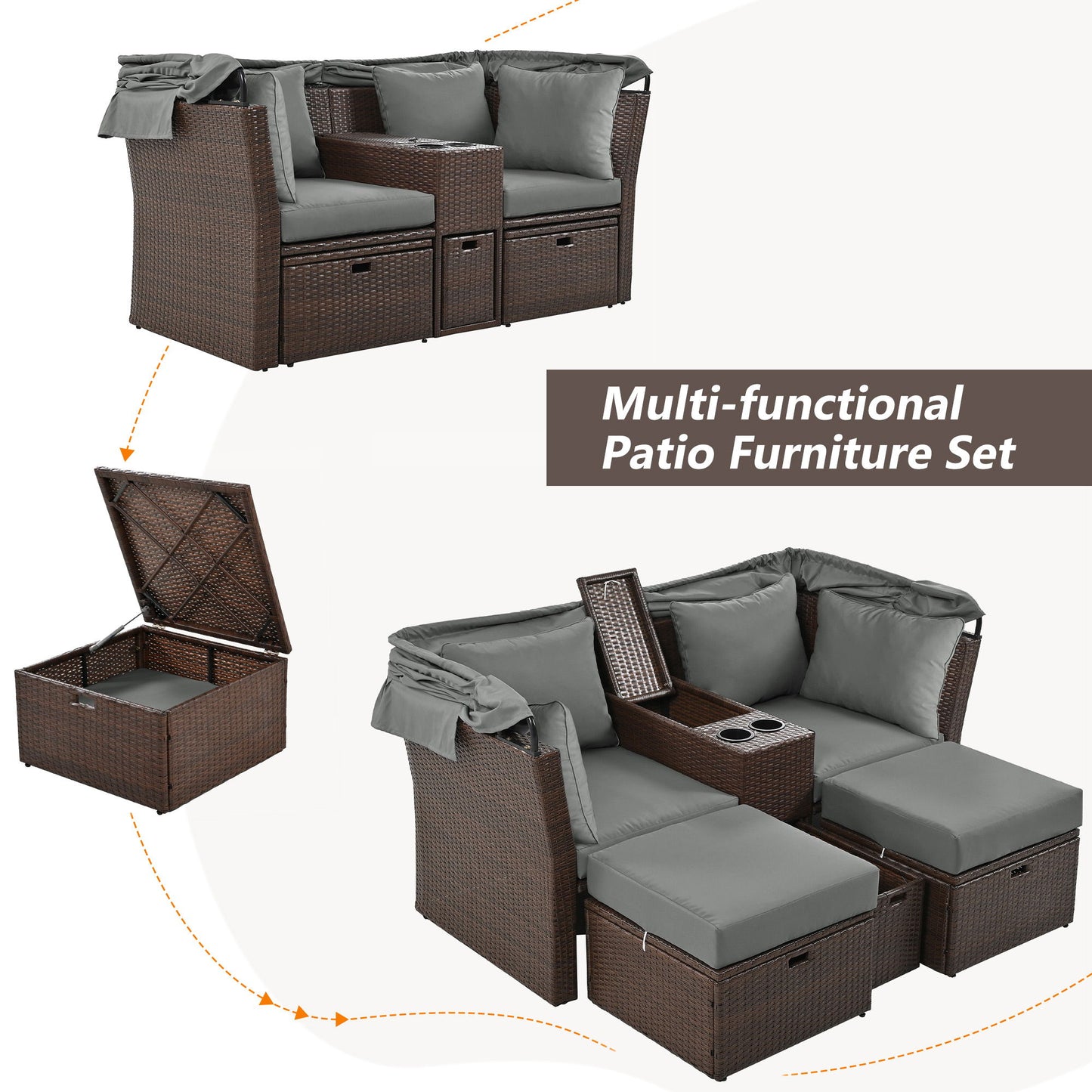 2 Seater Outdoor Patio Daybed Outdoor Double Daybed Outdoor Loveseat Sofa Set With Foldable Awning And Cushions For Garden, Balcony, Poolside Hearth and Haven