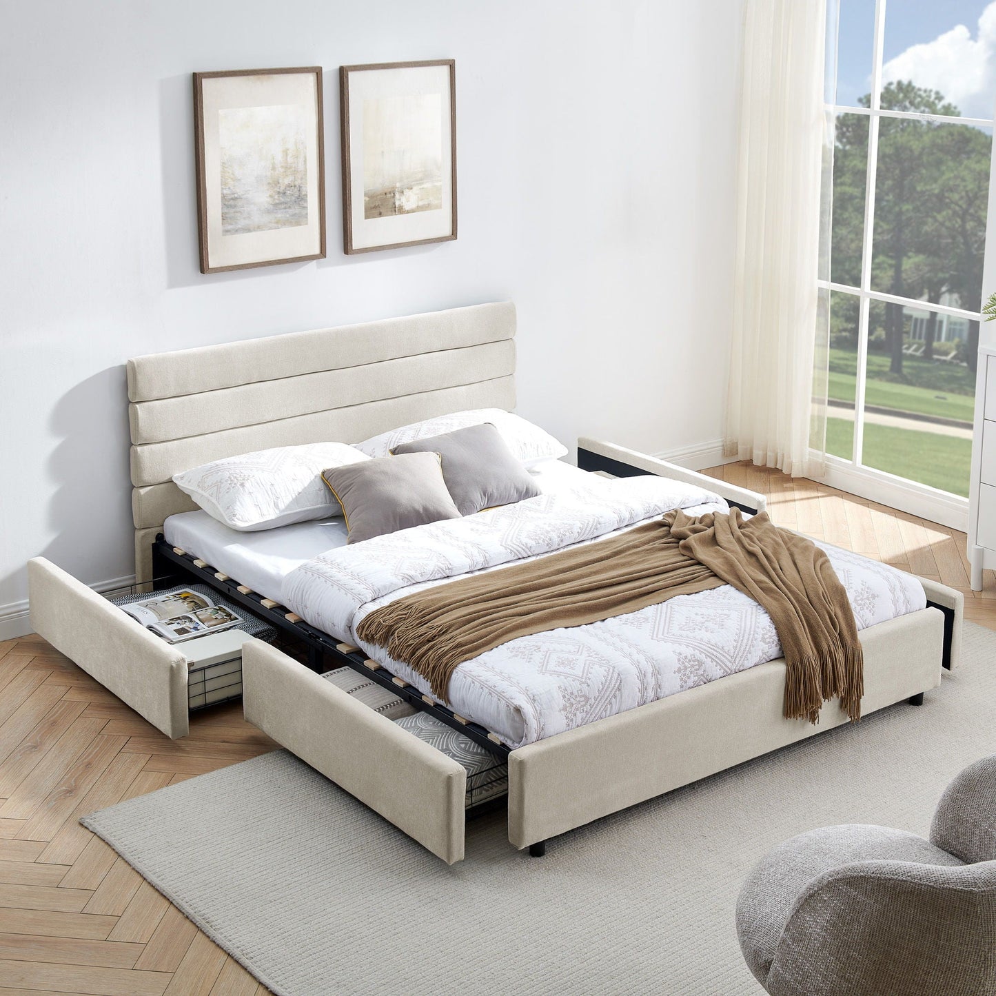 Modern Cushioned Bed Frame With Headboard And Drawers Home Essentials