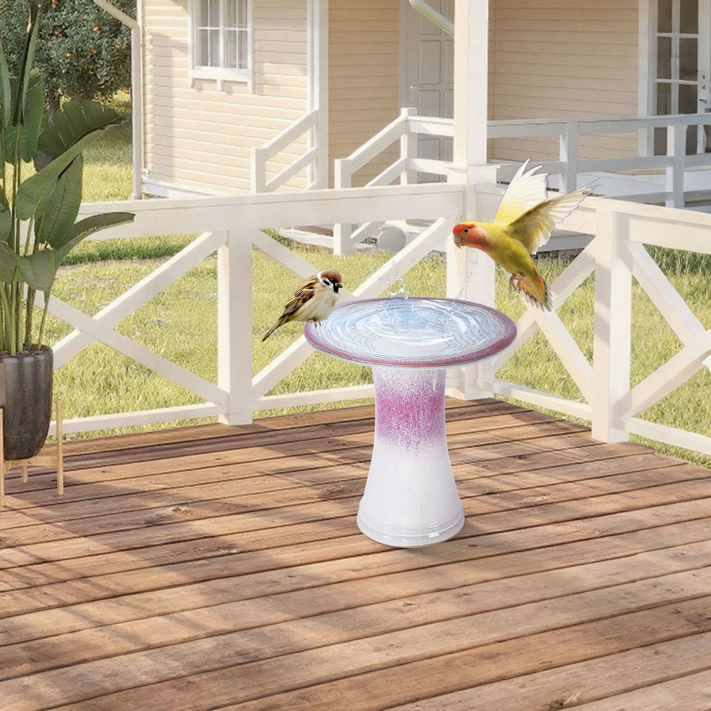 Birdbath For Patio, Garden - White / Pink Daily Nest
