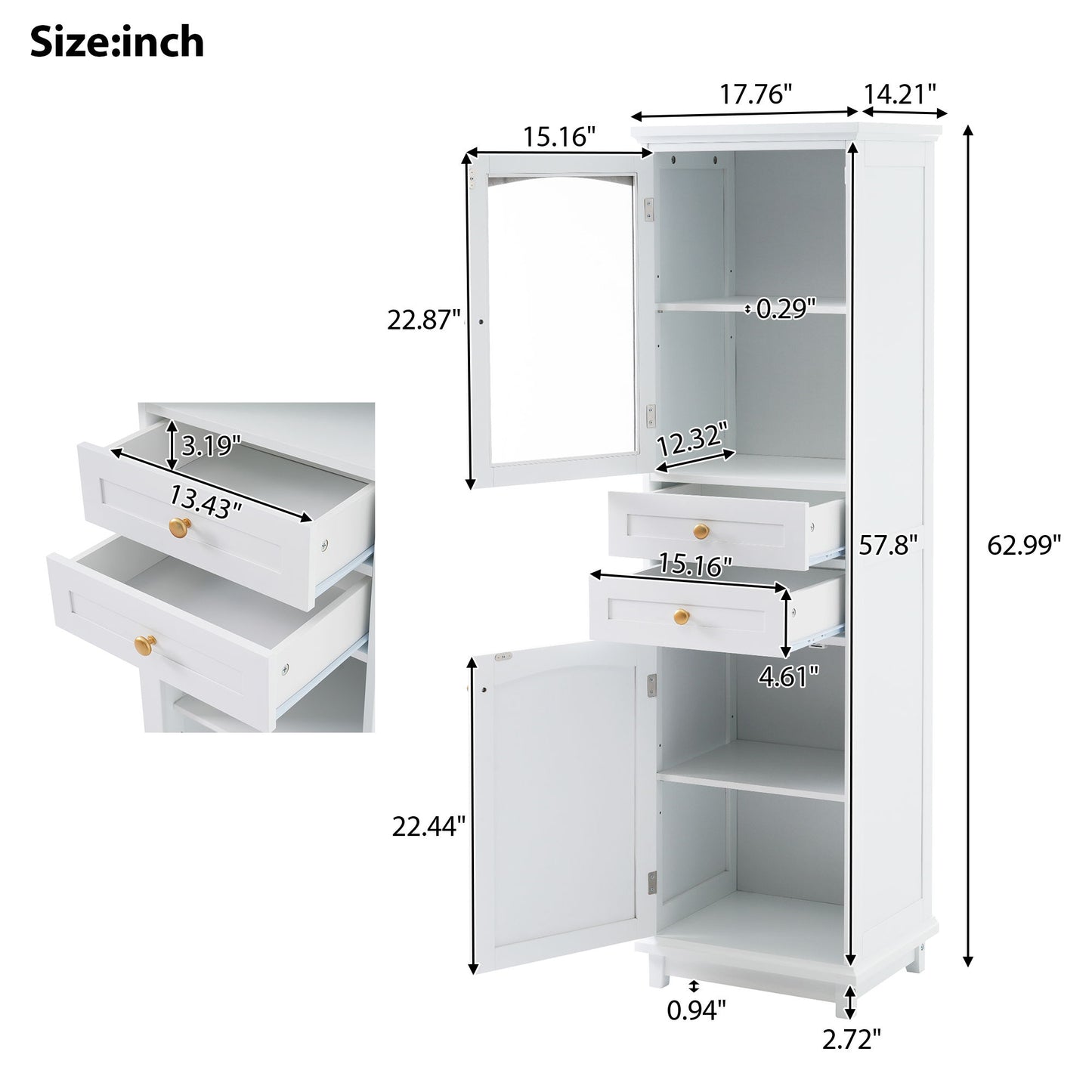 Tall Bathroom Storage Cabinet With Glass Doors, Free-Standing, Two Drawers, And Adjustable Shelves, MDF Board, Painted Perfect For Displaying Your Favorite Items Hearth and Haven