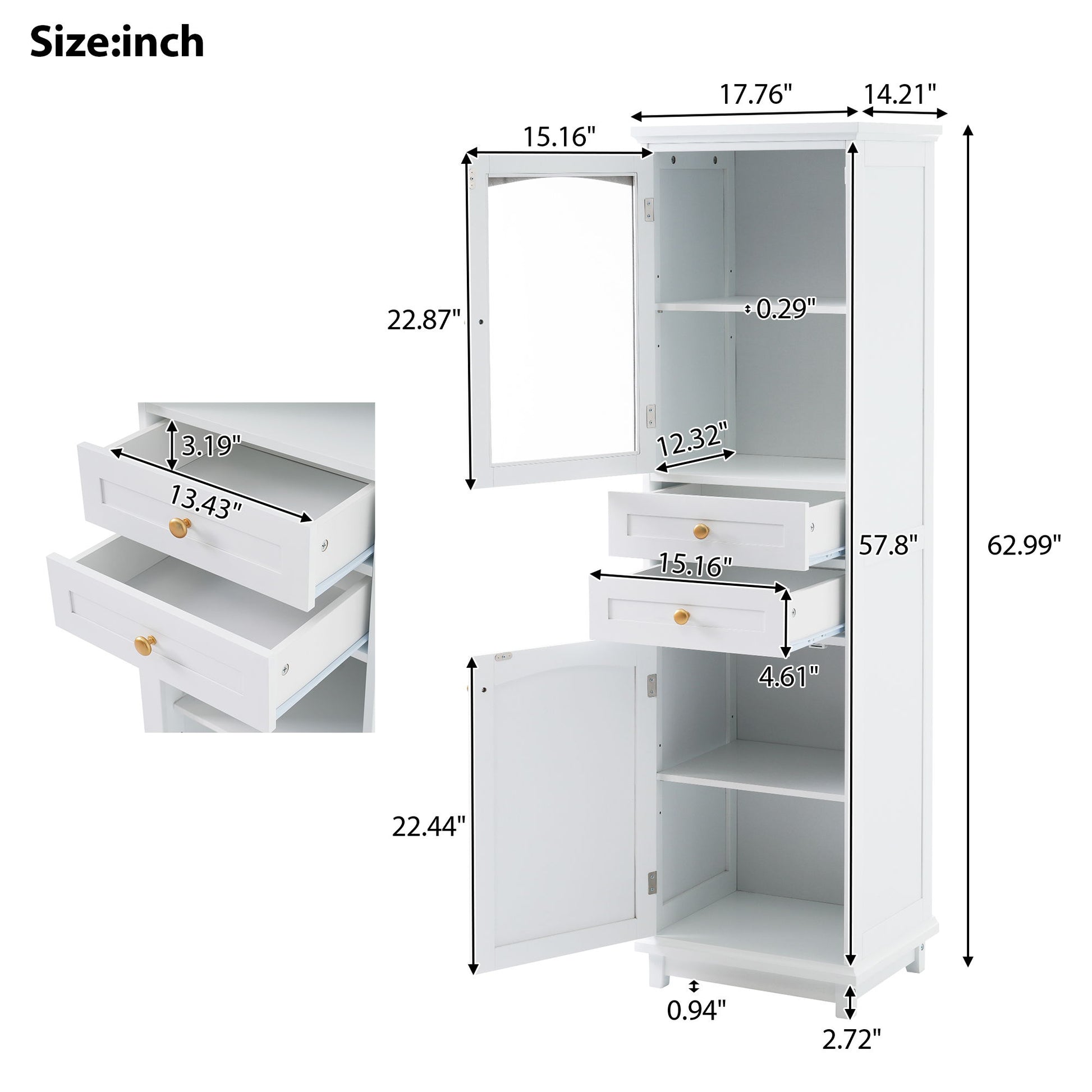 Tall Bathroom Storage Cabinet With Glass Doors, Free-Standing, Two Drawers, And Adjustable Shelves, MDF Board, Painted Perfect For Displaying Your Favorite Items Hearth and Haven