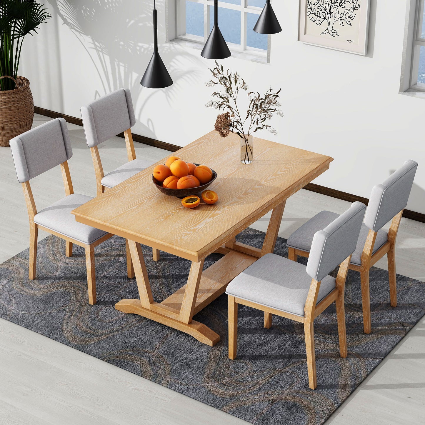 Topmax - 5 Piece Rustic Dining Table Set With 4 Upholstered Chairs, Rectangular Dining Table With Trestle Table Base Hearth and Haven
