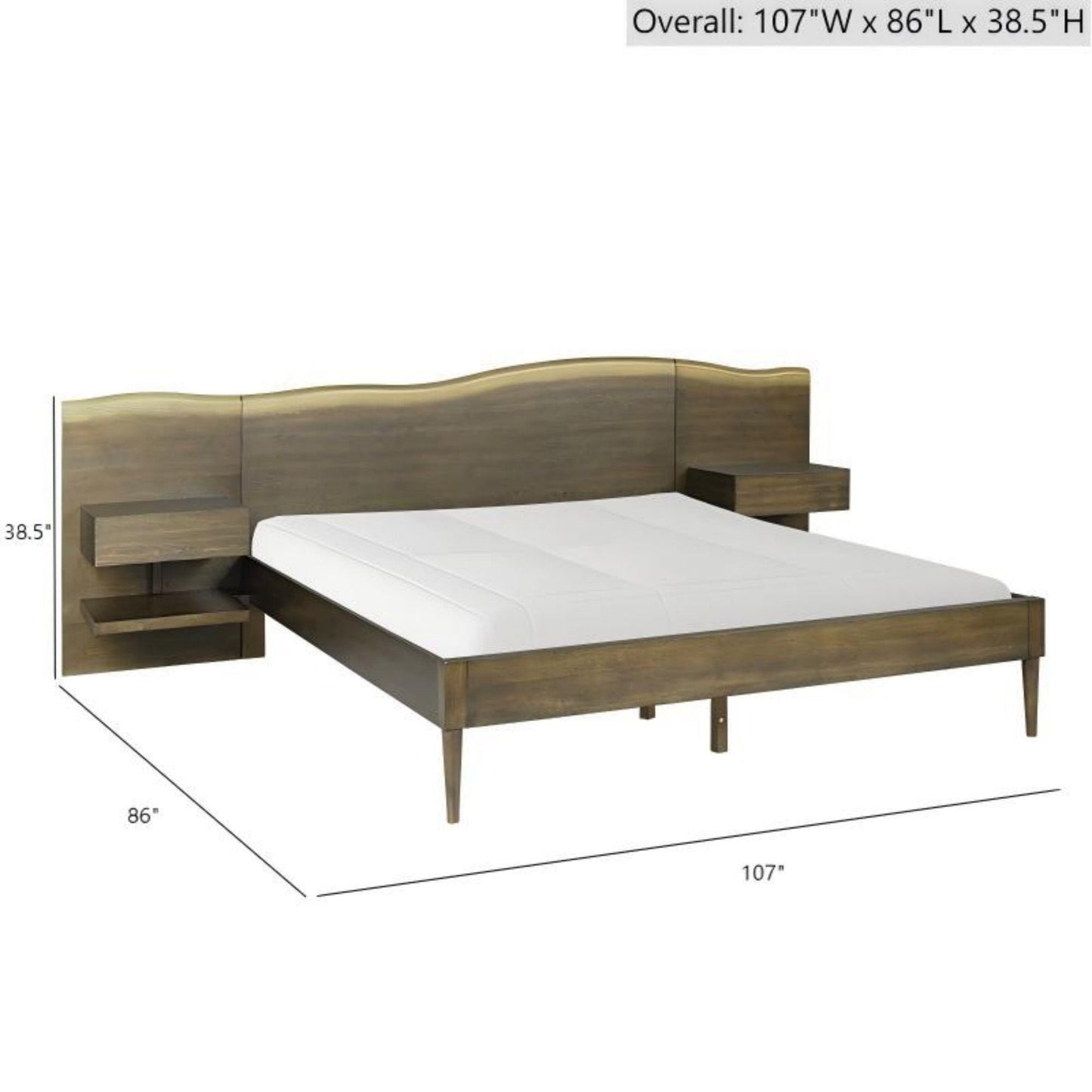 Queen Size Platform Bed Frame With Live Edge Headboard, Built In Nightstands - Dark Brown JLA