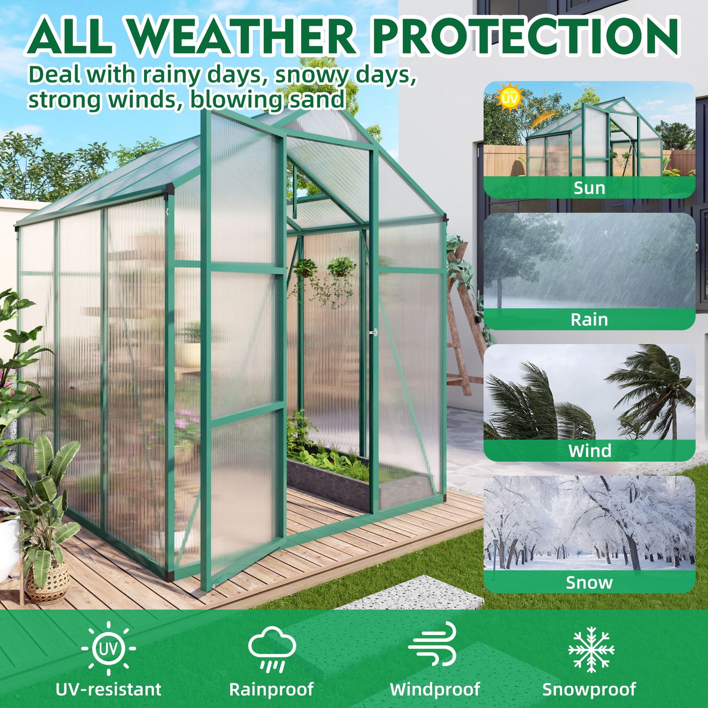 Polycarbonate Walk-In Greenhouse, Raised Base For Outdoor In All Season Daily Nest