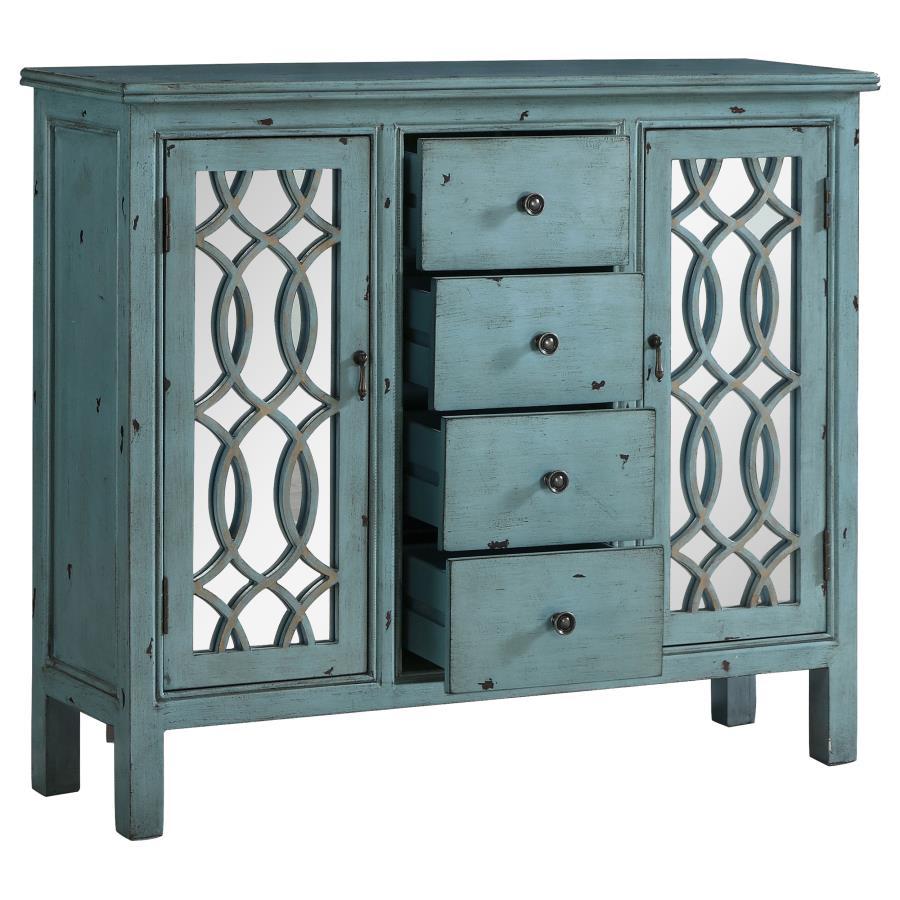 Rue - 4-Drawer Wood Trellis Accent Storage Cabinet - Blue CoasterEveryday