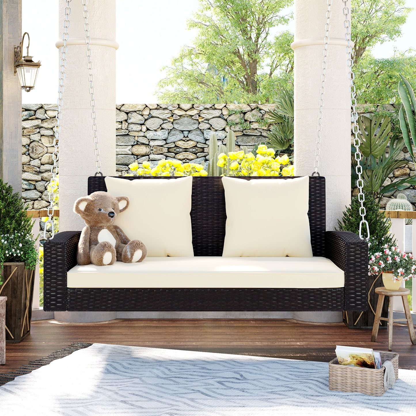 2 Person Wicker Hanging Porch Swing With Chains, Cushion, Pillow, Rattan Swing Bench For Garden, Backyard Hearth and Haven