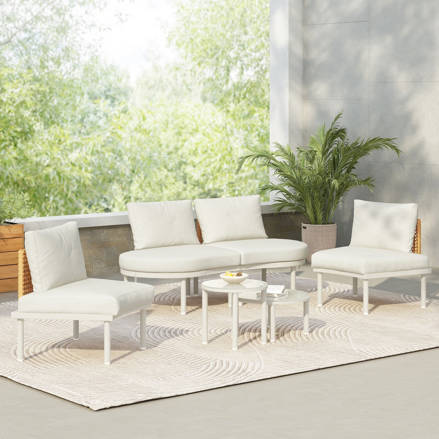 6 Piece Patio Set, Half Moon Outdoor Sectional Sofa With 2 High Low Coffee Tables, 4 Pillows & Cushions Hearth and Haven
