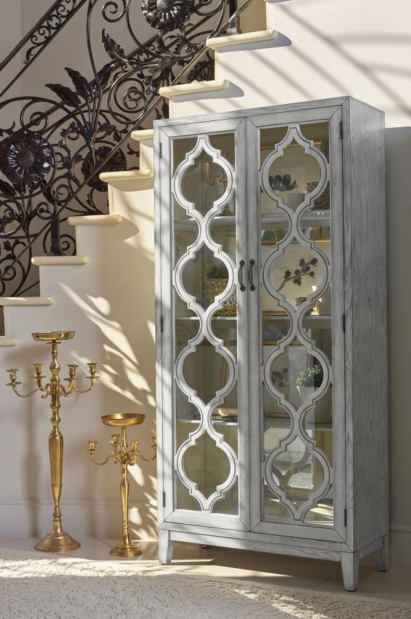 Mckellen - 2 Door Wood Trellis Tall Cabinet - Distressed White CoasterElevations