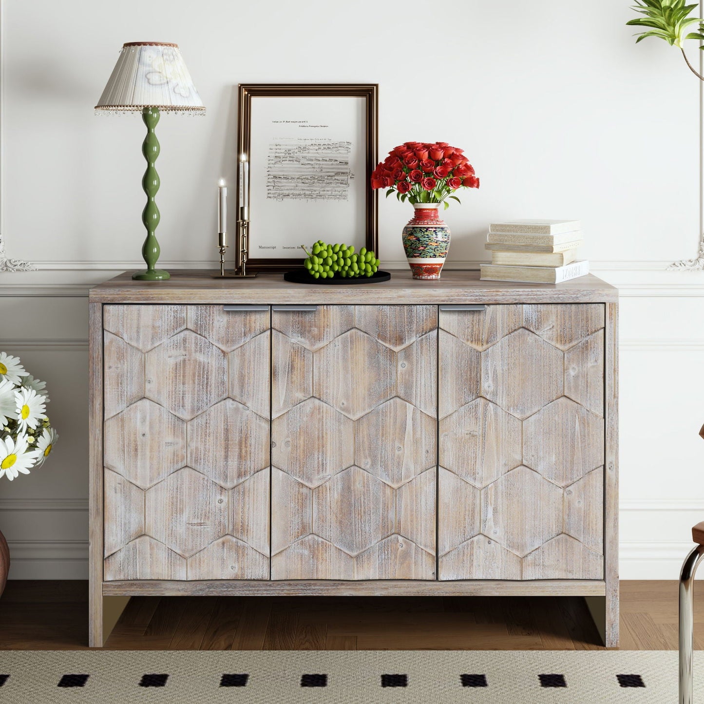 Accent Cabinet Farmhouse Style 4 Door Wooden Cabinet Sideboard Buffet Server Cabinet Storage Cabinet, For Living Room, Entryway, Hallway, Office, Kitchen And Dining Room Home Essentials
