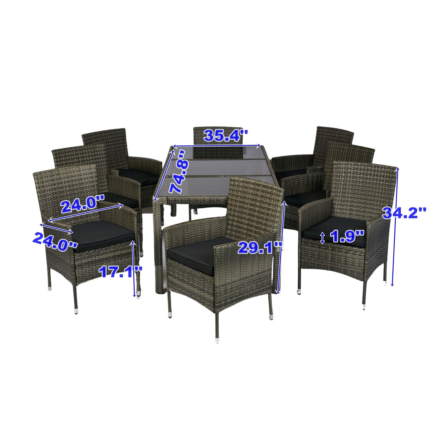 9 Piece Outdoor Patio Wicker Dining Set Patio Wicker Furniture Dining Set Glass Top - Gray / Black Home Essentials