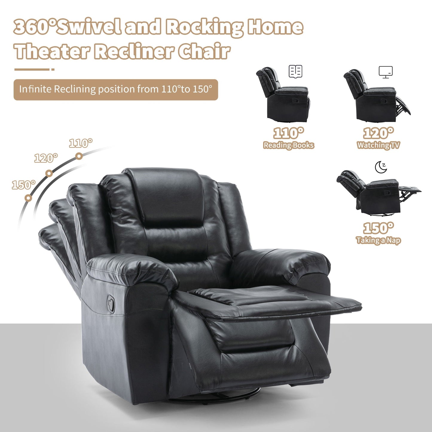 360° Swivel And Rocking Home Theater Recliner Manual Recliner Chair With Wide Armrest For Living Room Hearth and Haven