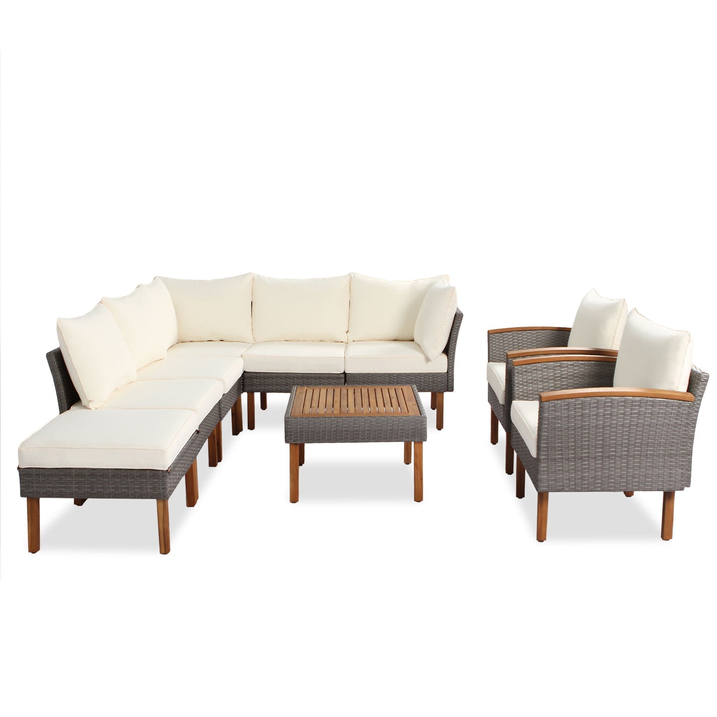 9 Piece Patio Rattan Furniture Set, Outdoor Conversation Set With Acacia Wood Legs And Tabletop, PE Rattan Sectional Sofa Set With Coffee Table, Washable Cushion Hearth and Haven