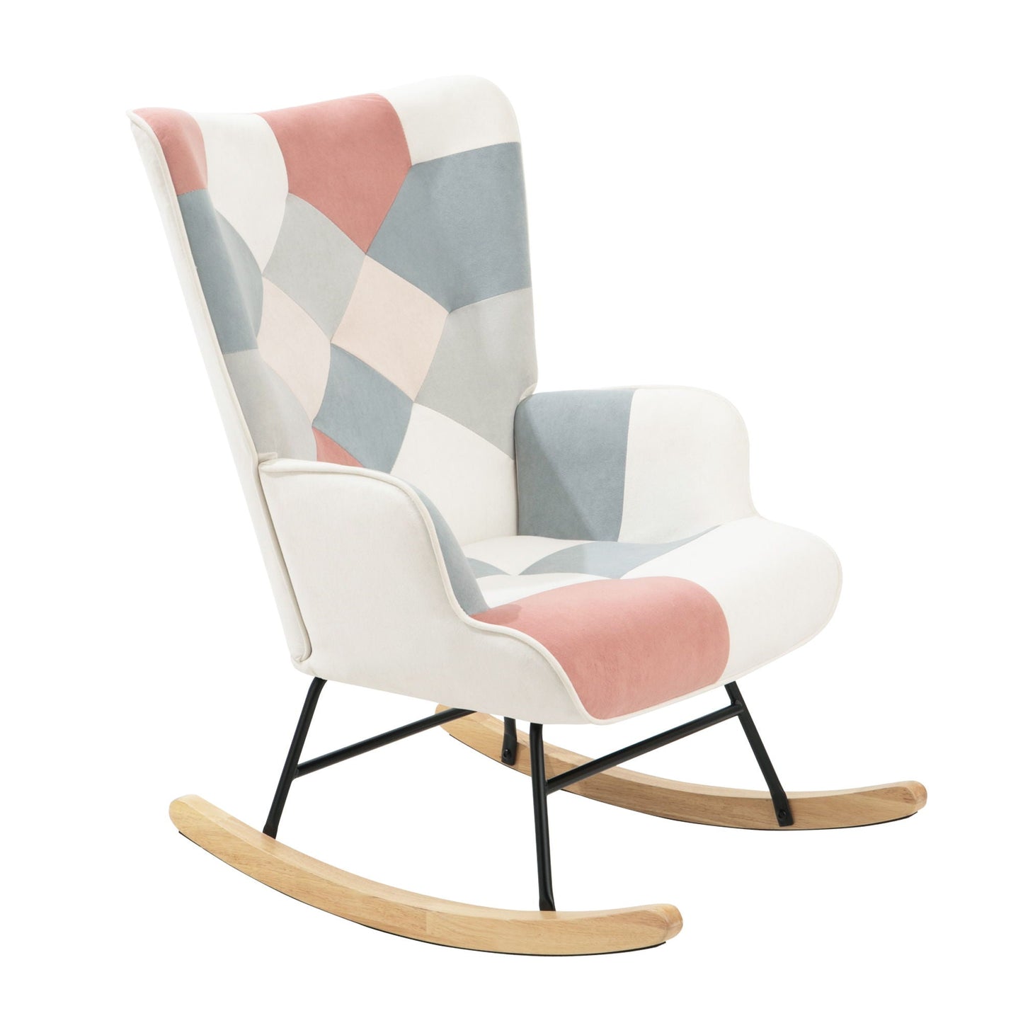 Mid Century Rocking Chair With Ottoman Patchwork Linen Wood Legs Design Living Room And Bedroom - Colorful Home Essentials