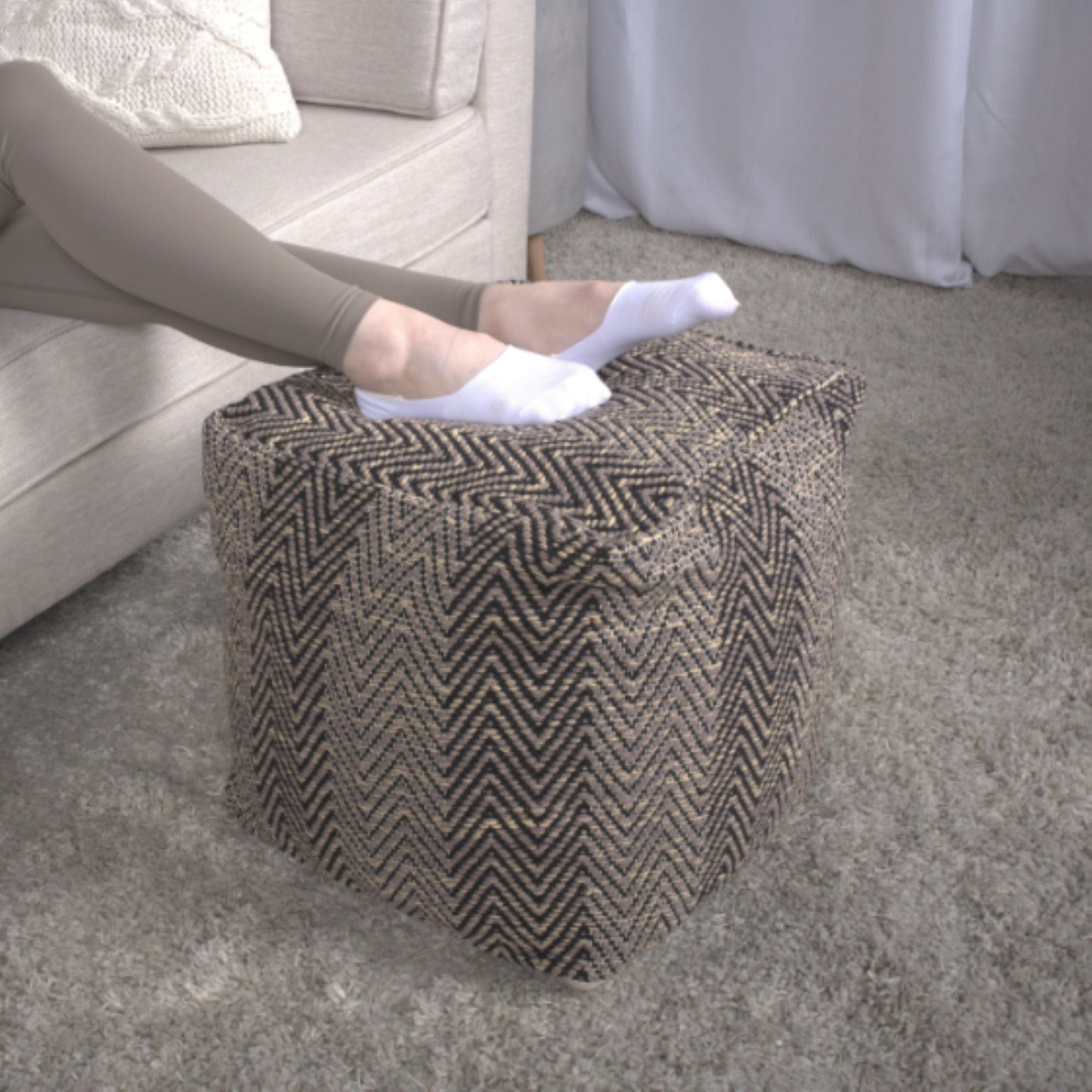 Barracuda - Handcrafted Cotton Pouf With Chevron Pattern - Brown / Beige Home Essentials