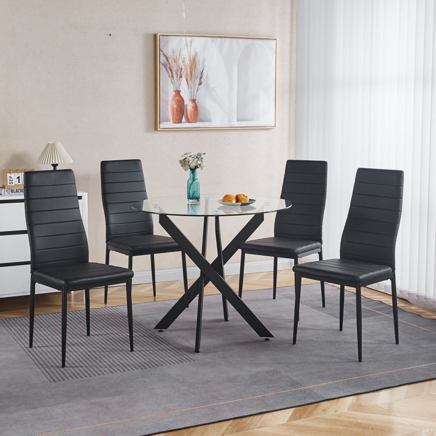 Dining Table With Cross Metal Leg And Tempered Glass, Modern Space Saving Kitchen Table For Living Room Home Essentials