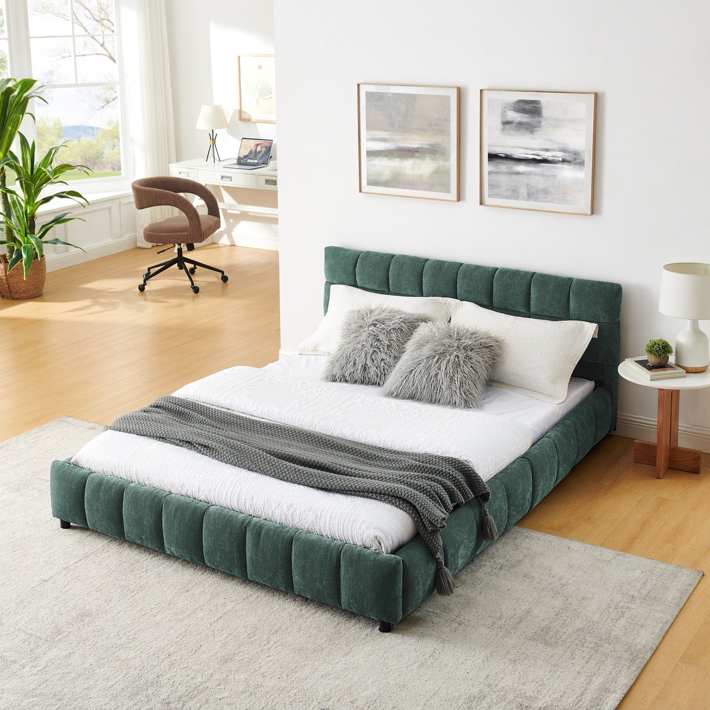Modern Platform Bed Frame With Thick Chenille Fabric Home Essentials