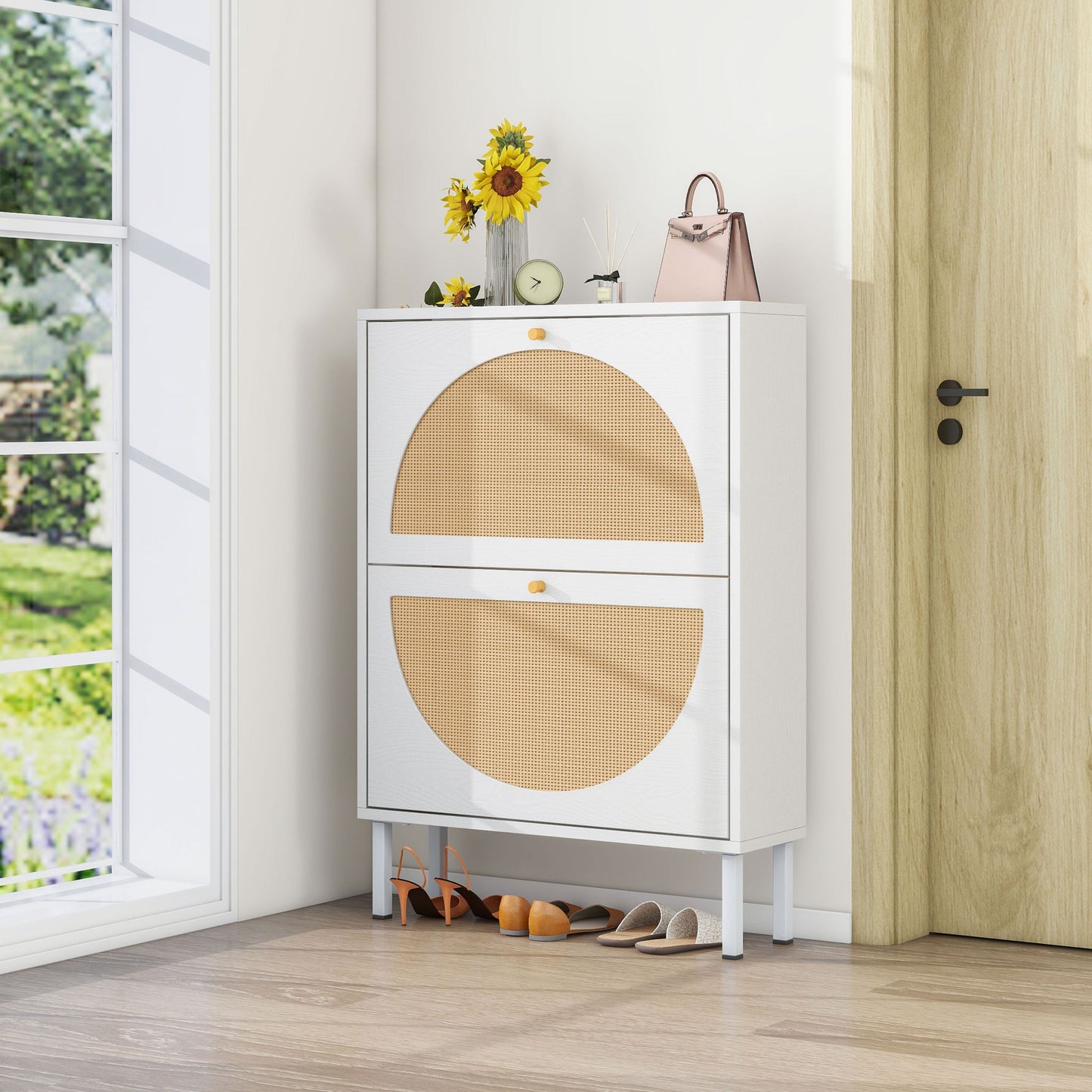 2 Door Shoe Rack, Rattan, Double Layer, Suitable For Living Room, Hallway - White Daily Nest