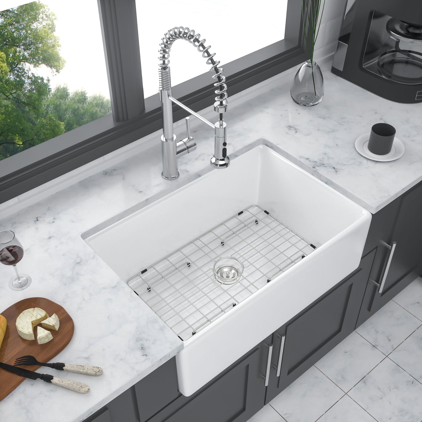 Sink 30" Apron Front Reversible Single Bowl Kitchen Sink With Grid, Strainer - White Daily Nest