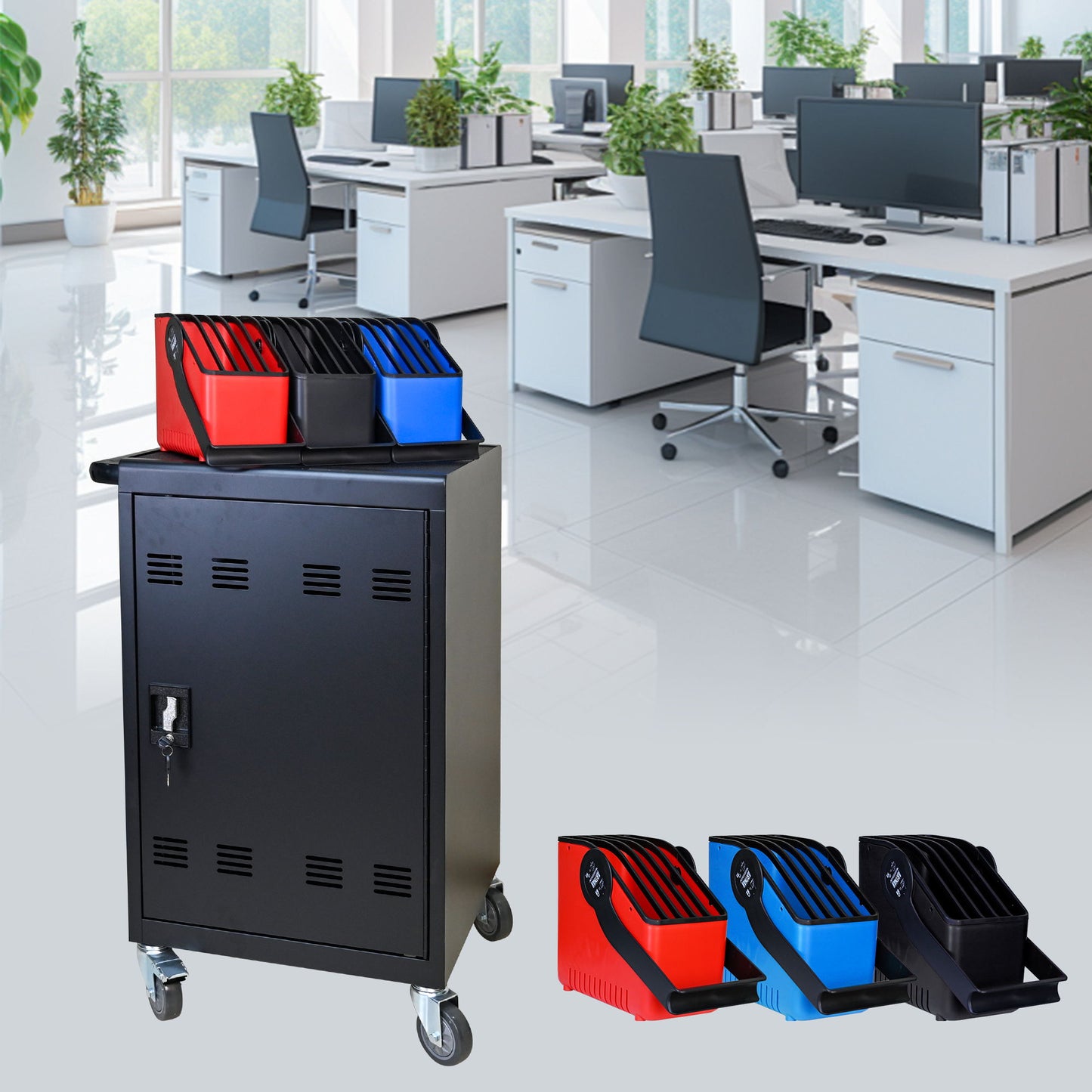 32 Bit Device Charging Trolley For Tablets And Laptops With Cable Management, Removable Doors - Matte Black Daily Nest