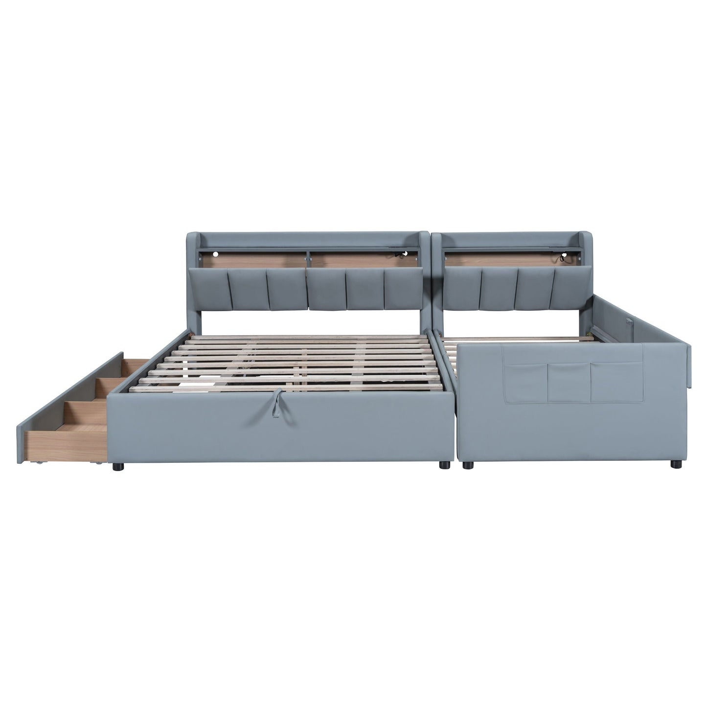 Upholstered Mother & Child Bed With Hydraulic Storage System, Drawer Box, Bedhead Storage Shelf And 2 Pairs Of Sockets & USB Ports Halcyon Home