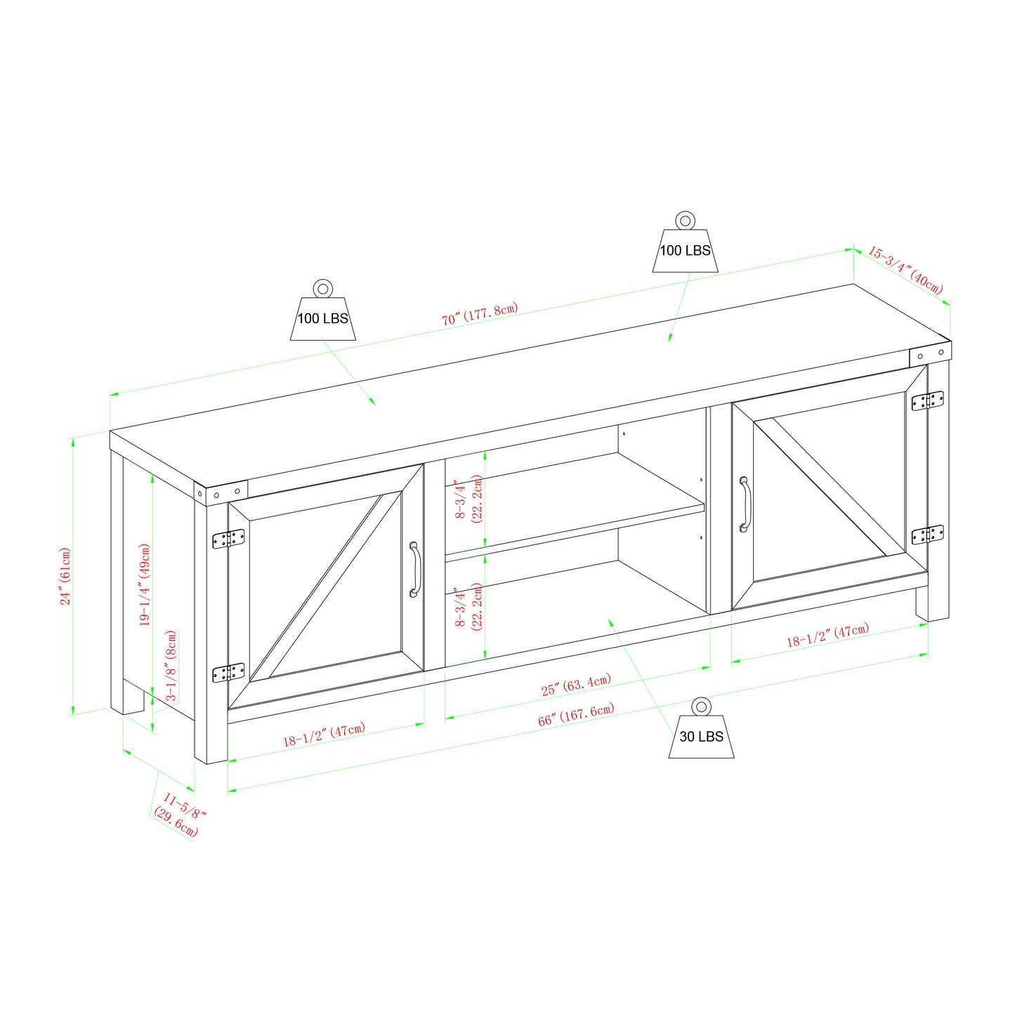 Rustic Farmhouse Double Barn Door 70" TV Stand For 80" TVs With Center Shelves Walker Edison