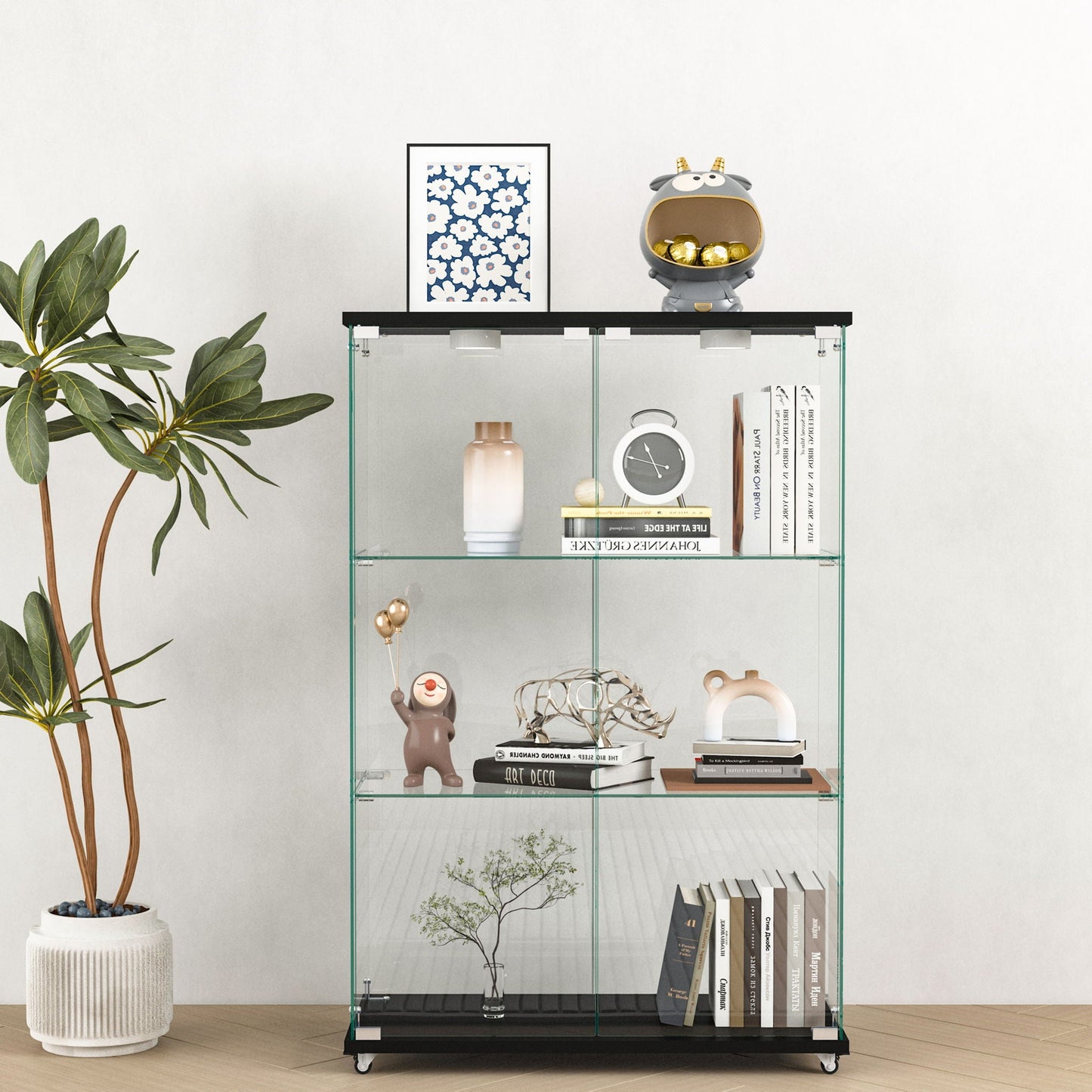 Modern Display Cabinet With LED Lights, Transparent Tempered Glass 2 Door Storage Case With 3 Shelves Home Essentials