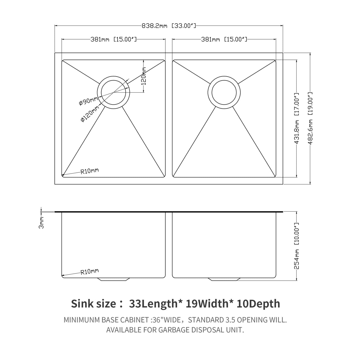 Double Bowl Undermount Kitchen Sink 16 Gauge 33" X 19" With Dual 10" Deep Basins - Gunmetal Black Daily Nest