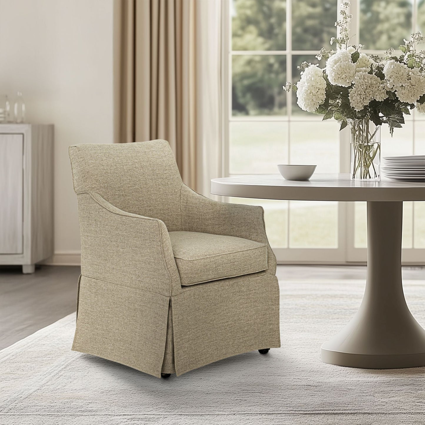 London - Upholstered Skirted Dining Arm Chair With Hidden Casters - Beige Martha Stewart