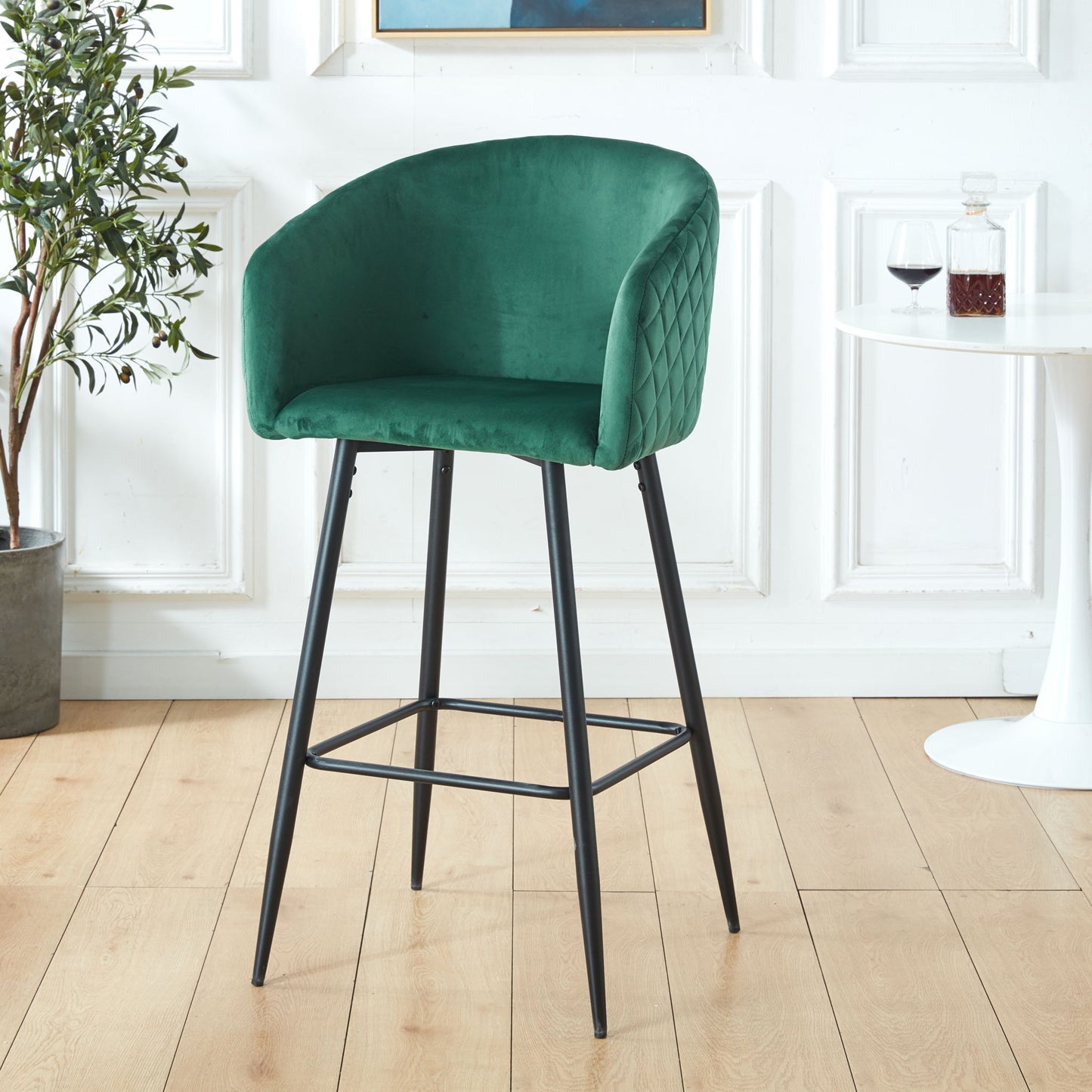 Counter Height Bar Stool, Metal Legs, Velvet Upholstered For Pub, Restaurant, Kitchen Island (Set of 2) - Black / Green Home Essentials