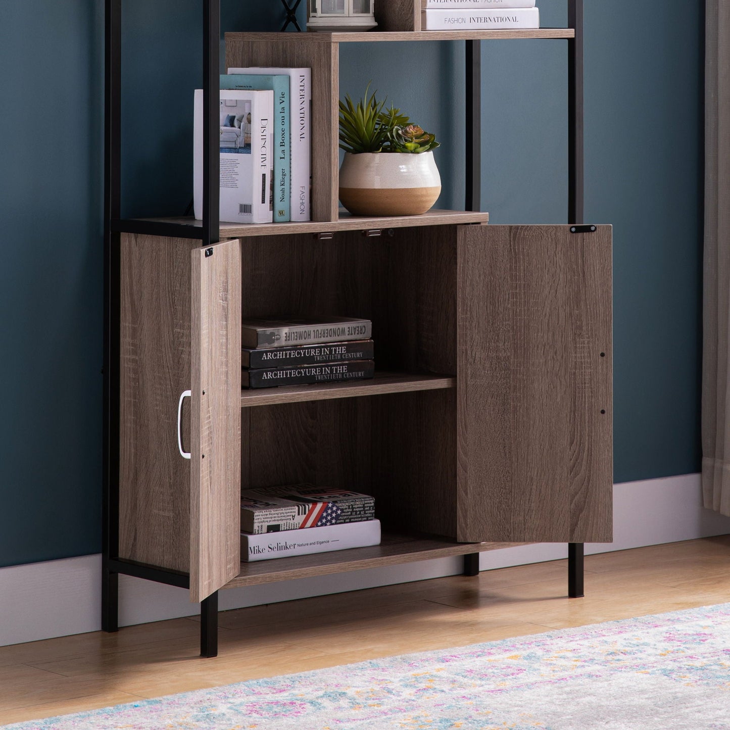 Modern Bookcase With Two Door Storage Cabinet With Two Shelves Home Essentials