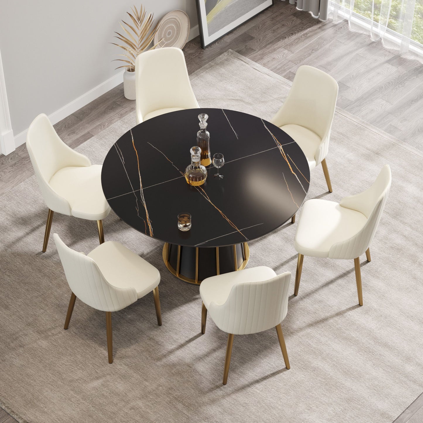 Modern Artificial Stone Round Metal Iron Base Dining Table, Can Accommodate 6 People (Not Including Chairs.) - Black Home Essentials