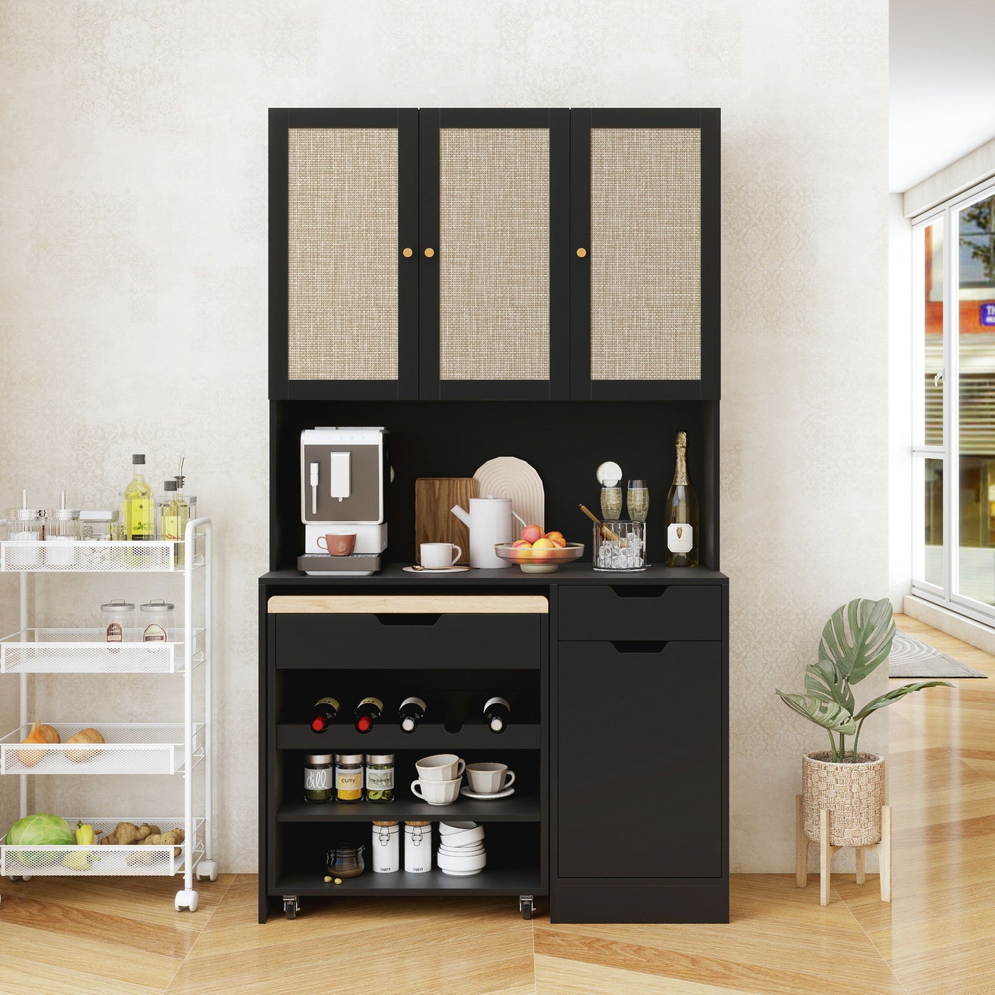Kitchen Pantry Storage Cabinet, Modern Buffet Cabinet With Kitchen Cart, Tall Kitchen Hutch Cabinet With Microwave Stand, Food Pantry Cabinet With 3 Rattan Doors And Adjustable Shelves - Black Home Essentials