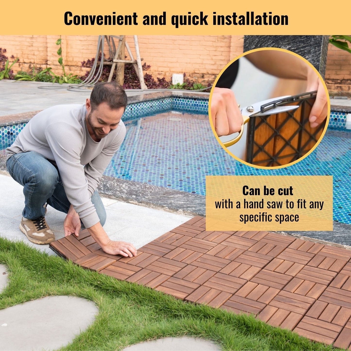 Interlocking Deck Tiles Checker Pattern, Square Acacia Hardwood Outdoor Flooring For Patio, Bancony, Pool Side Daily Nest