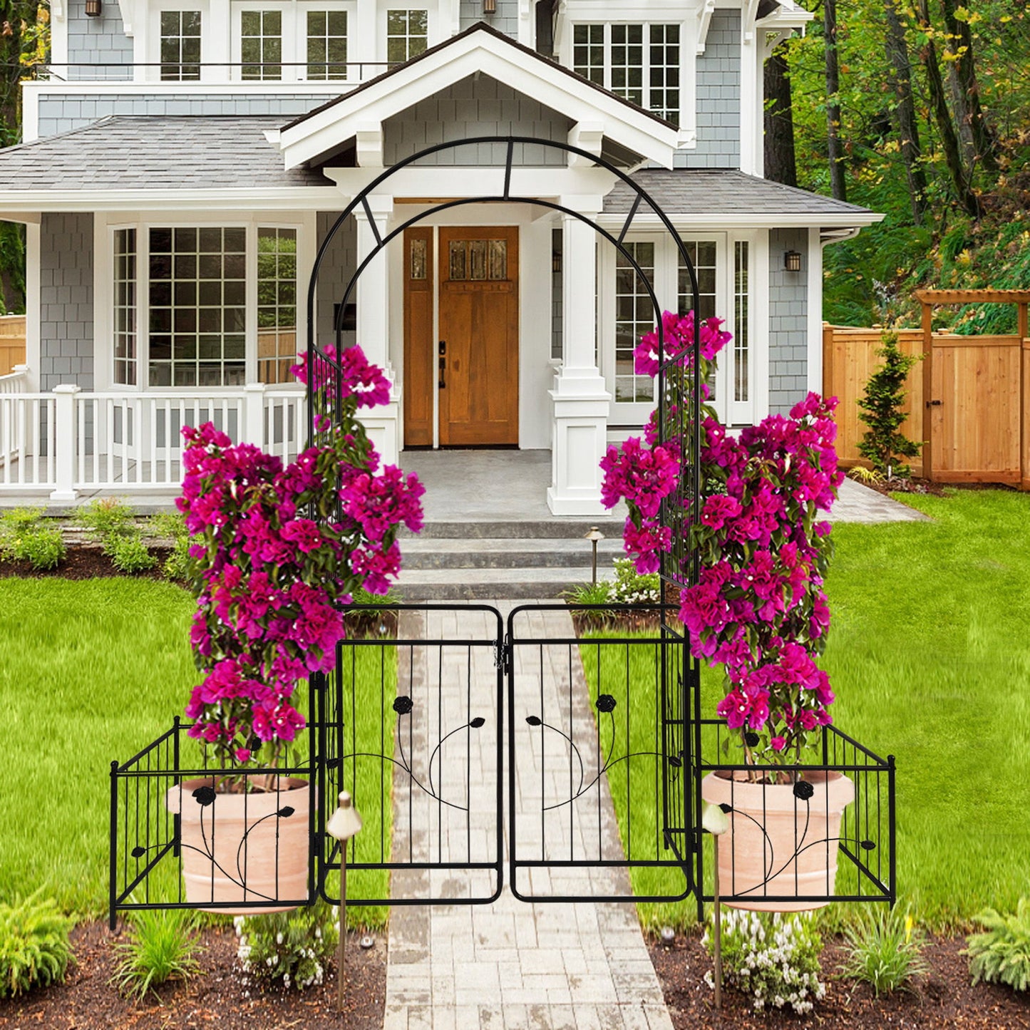 Metal Garden Arch With Gate Wide High Climbing Plants Support Rose Arch Outdoor - Black Daily Nest