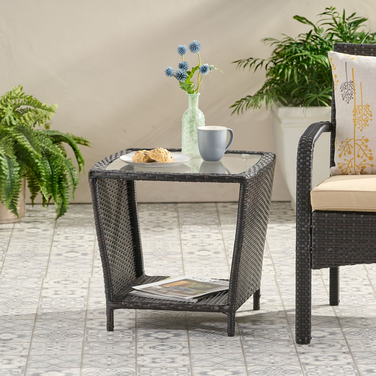 Trenton - Outdoor Side Table With Glass Top - Brown Rattan Noble House