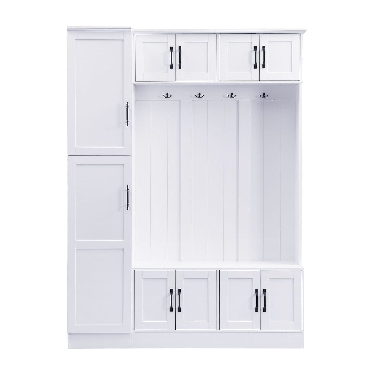 Tall Hall Tree With Shoe Storage, 4 In 1 Entryway Bench With 6 Cabinets, 4 Coat Hooks & Adjustable Shelf For Hallway - White Hearth and Haven