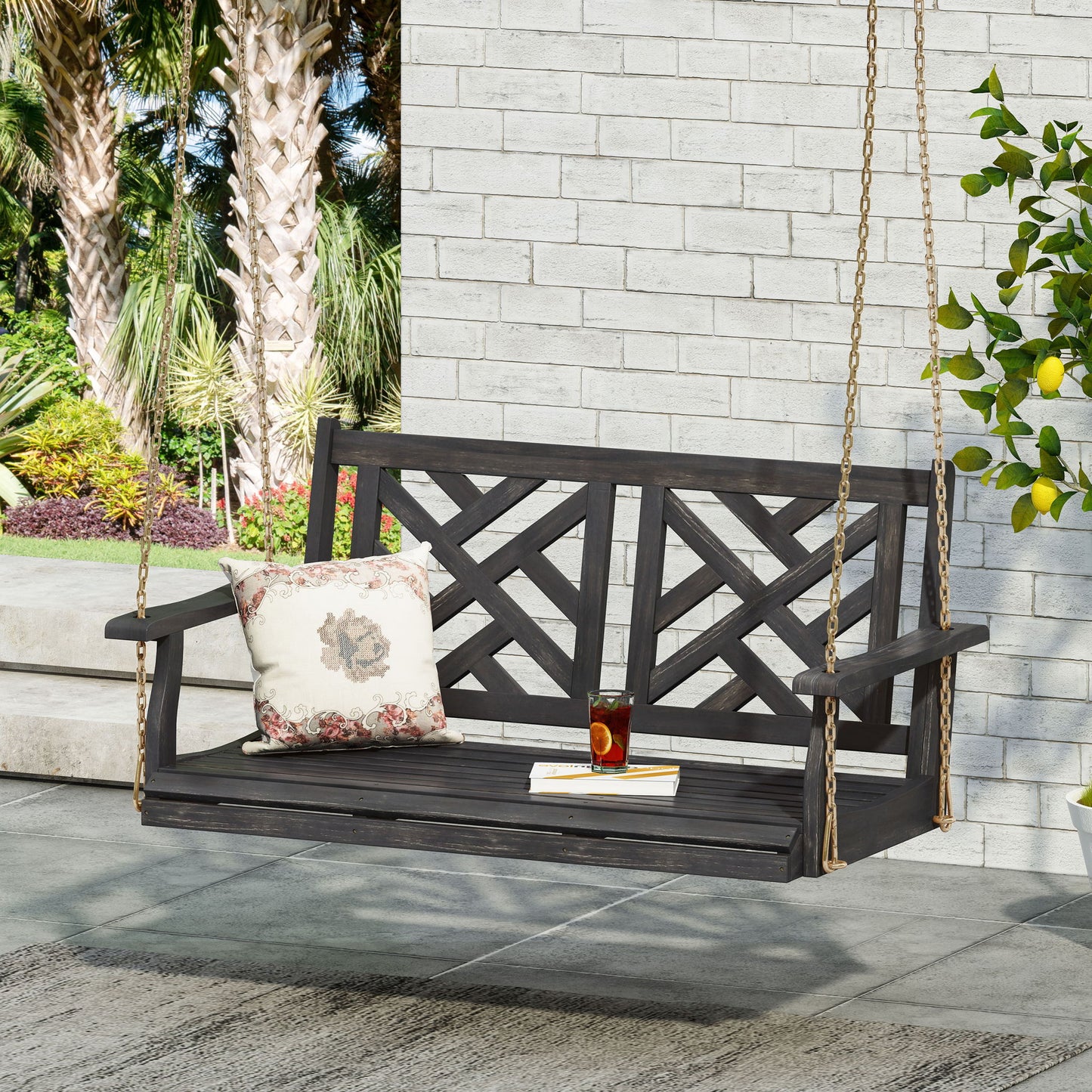 Alejandro - Acacia Wood Porch Swing With Slat Panel Seating Noble House