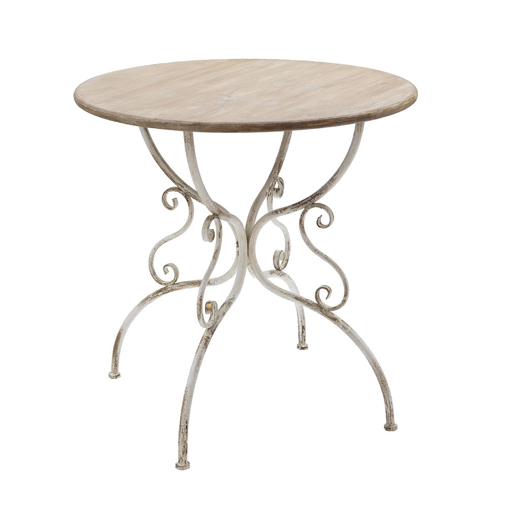 Round Wooden Table With Metal Scrollwork Legs - White Washed Home Essentials