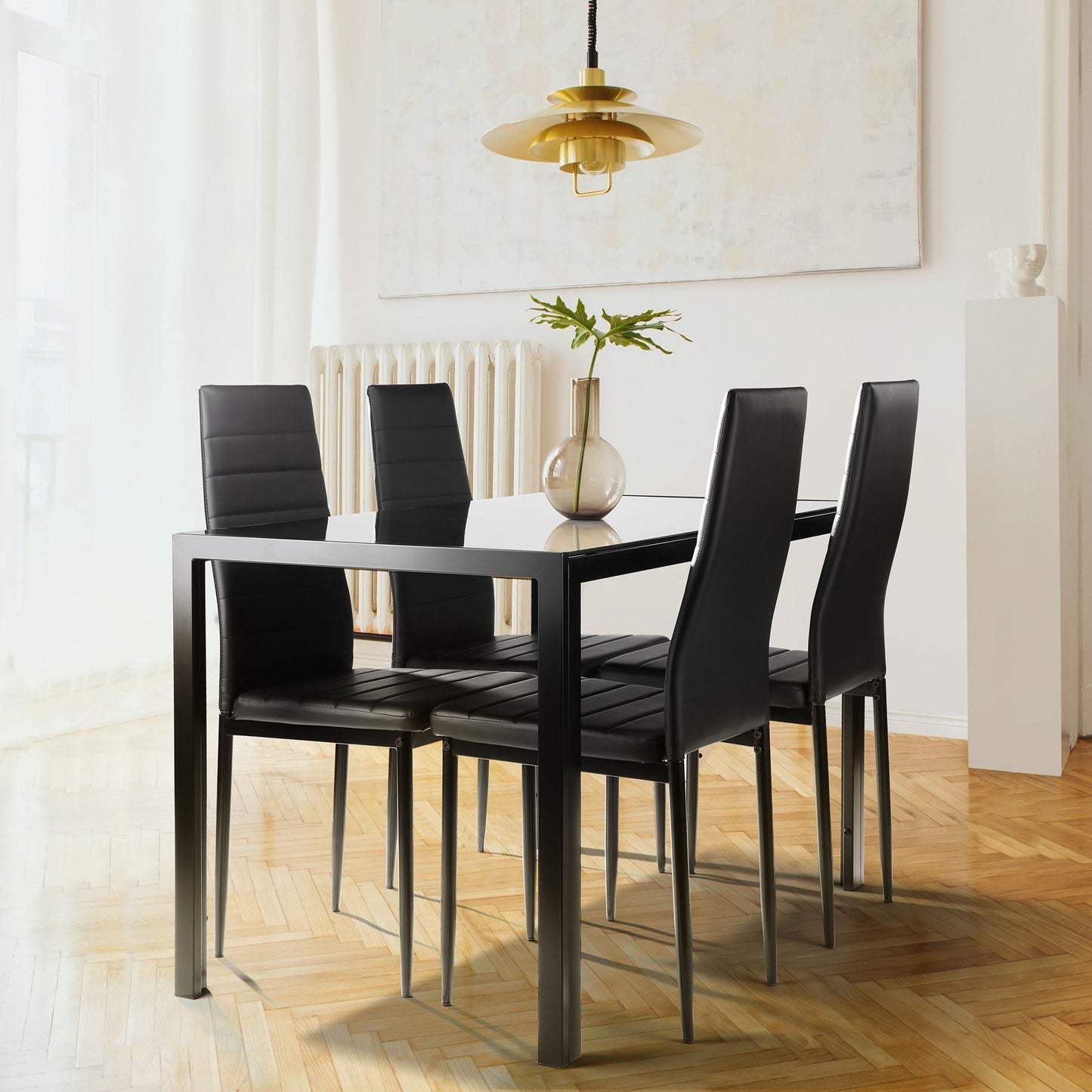 5 Pieces Dining Table Set For 4, Kitchen Room Tempered Glass Dining Table, 4 Faux Leather Chairs - Black Home Essentials