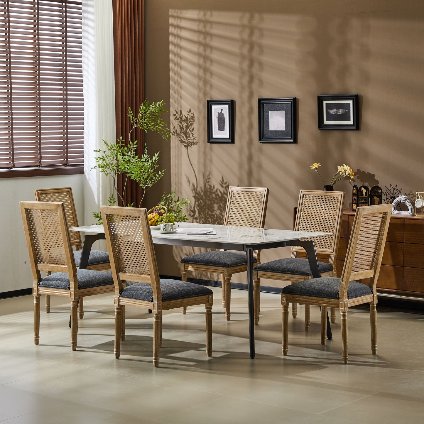 French Country Dining Chair With Rectangular Cane Backrest And Smooth Upholstered Seating Noble House