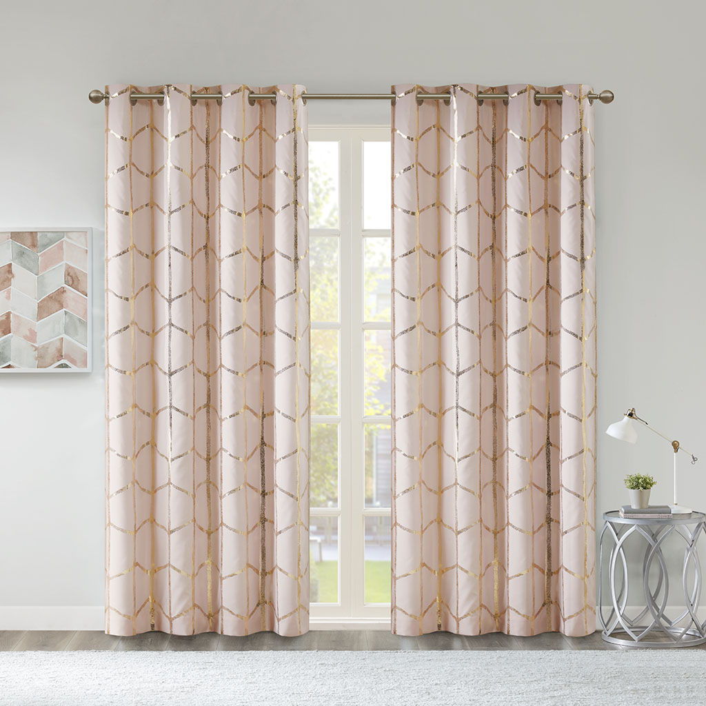 Raina - 84" Total Blackout Metallic Print Grommet Top Curtain Panel - Blush / Gold Intelligent Design