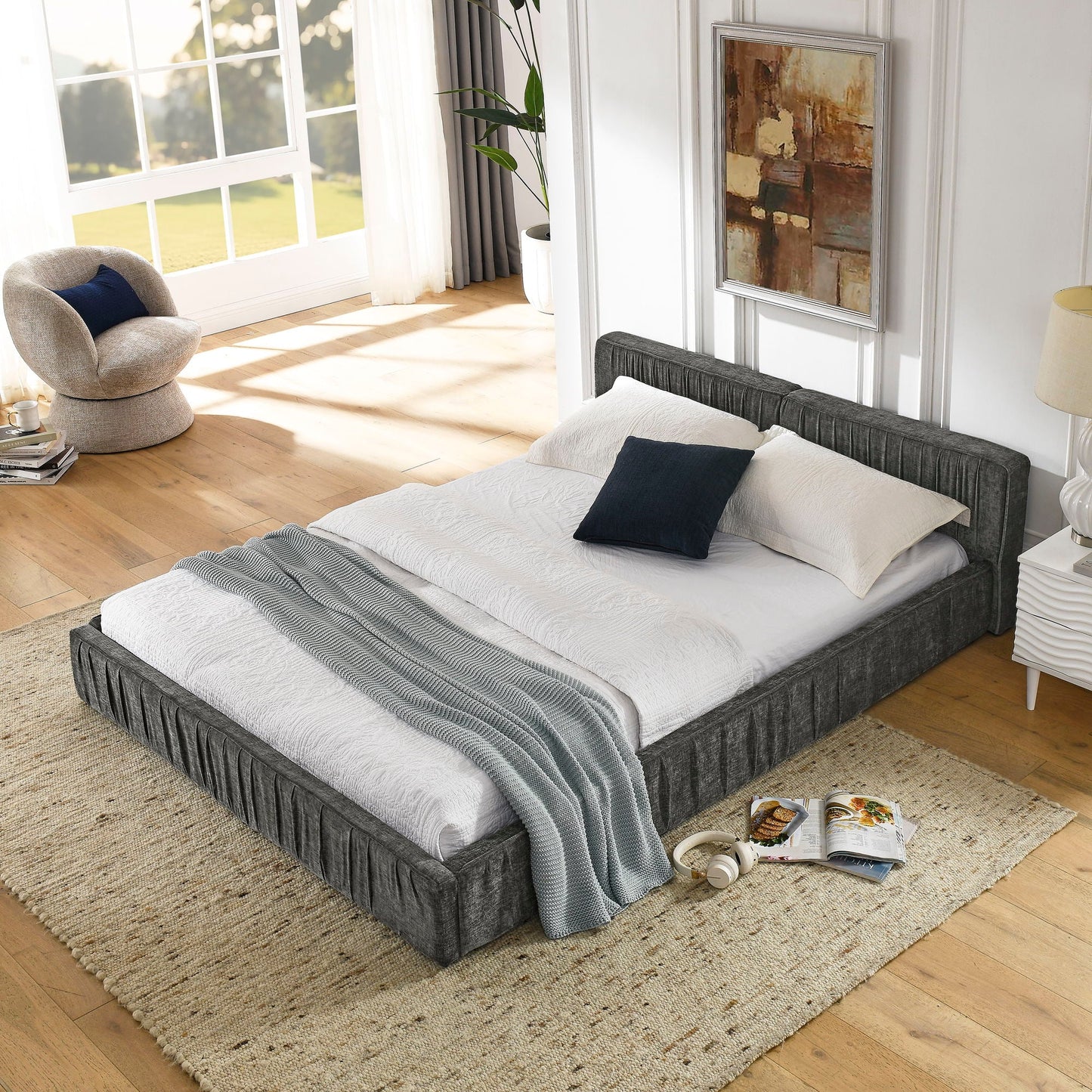 Modern Upholstered Platform Bed Frame With Pleated Design Home Essentials