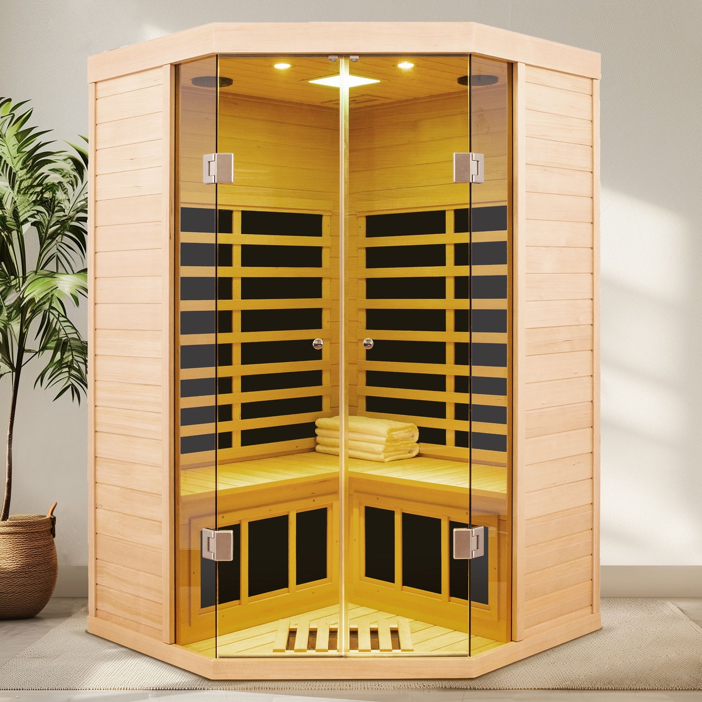 2 Persons Large Glass Front Deluxe Version Hemlock Far Infrared Corner Sauna Room - Natural Daily Nest