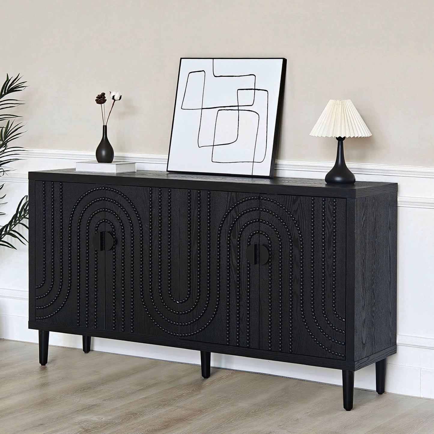 Modern Sideboard Cabinet With Decorative Nailhead Accents, Stylish Storage Solution For Dining, Living Rooms - Black Home Essentials
