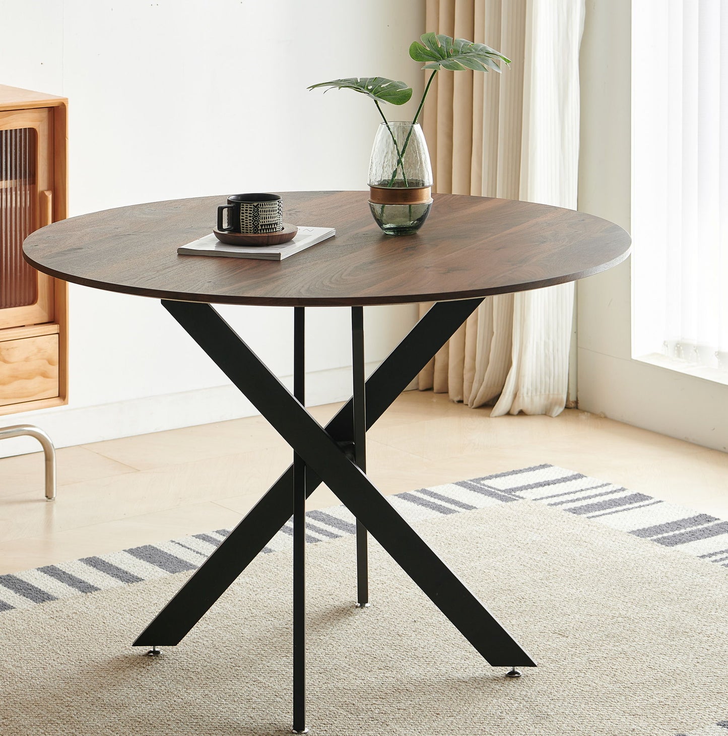 Mid-Century Dining Table For 4 - 6 People With Round MDF Table Top, Pedestal Dining Table, End Table Leisure Coffee Table, Cross Leg Home Essentials