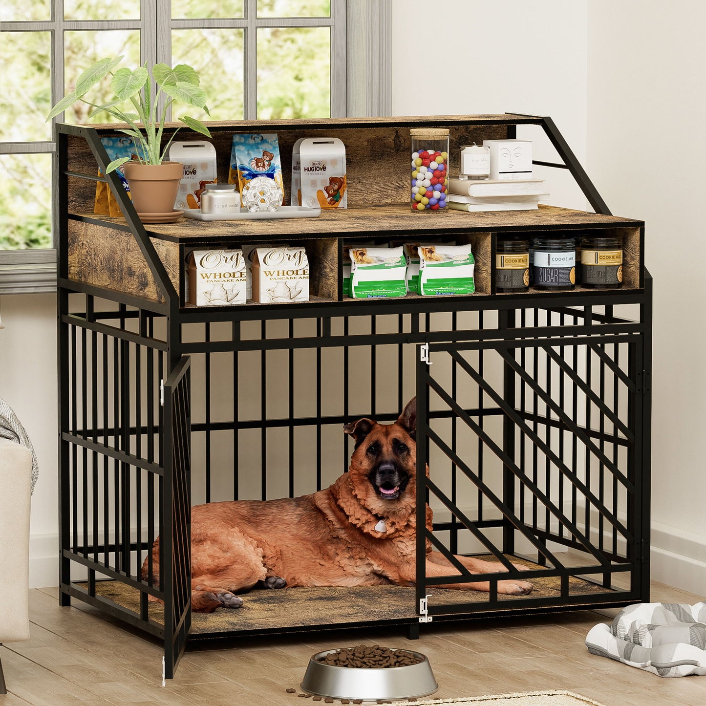 Wooden Dog Crate Furniture With Divider And Storage Drawers For Large Dogs - Rustic Brown Daily Nest