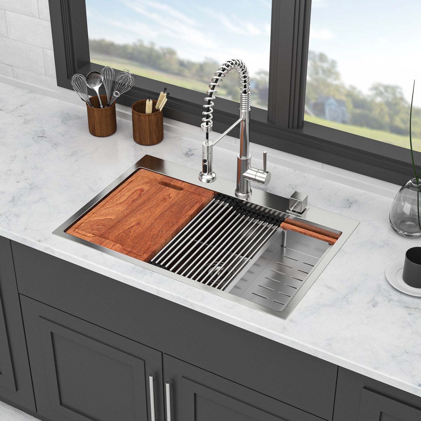 33" Drop In Kitchen Sink With Ledge Workstation, Single Bowl, 16 Gauge Stainless Steel - Black / Gray Daily Nest