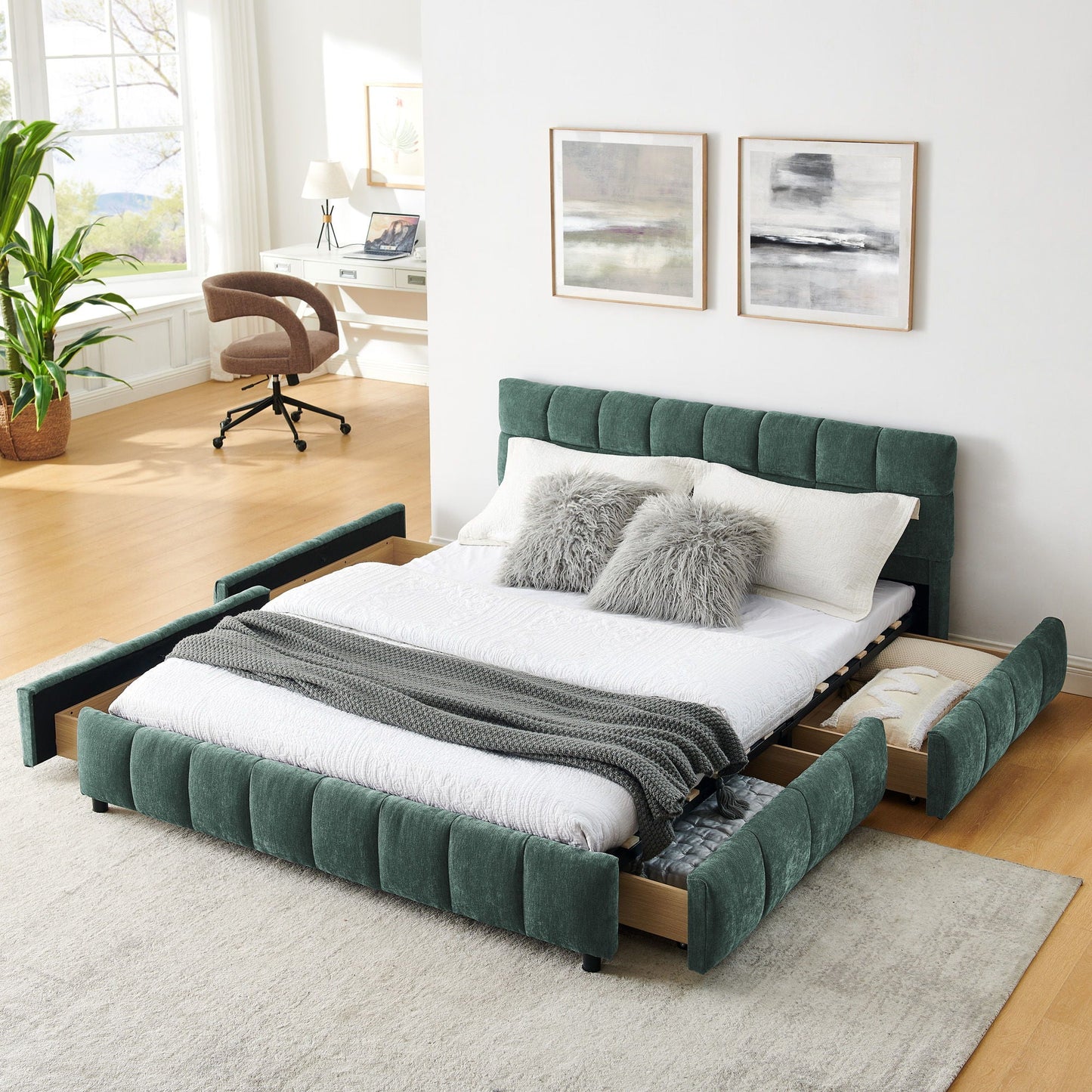 Modern Platform Bed Frame With Thick Chenille Fabric Home Essentials